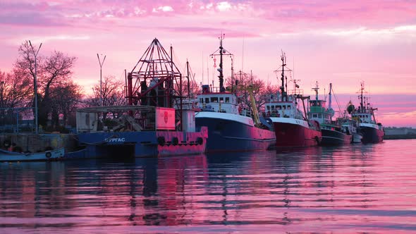 Cargo Ships Moored On The Port With Beautiful Pink Sunset Over The Calm Sea In Bulgaria. - static sh alt