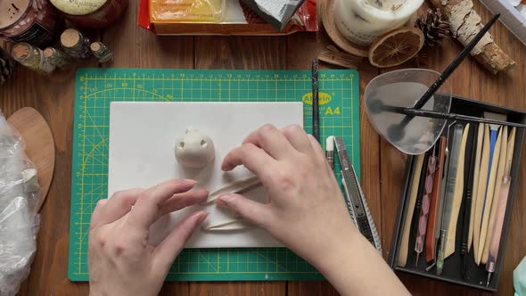 Female's Hands Sculpt Clay Ears of White Rabbit on Desktop