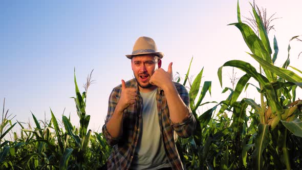 Front View Looking at Camera Wink Young Man in Field Show Gesture Thump Up Ok Dancing Say Wow alt