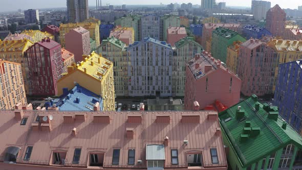 Top view of the colorful modern buildings, aerial footage from the drone  alt