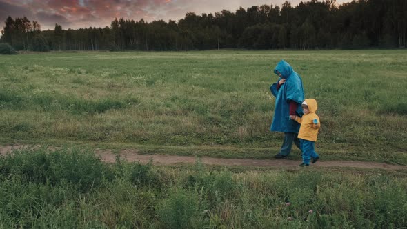 Woman Walks in the Park in the Evening with a Small Child