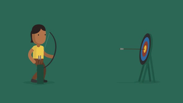 Cartoon animation of a young girl shooting with a bow to the circle target.