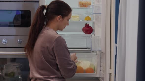 Woman Putting Food in the Fridge Clean Integrated Refrigerator Built Into Kitchen Housing alt
