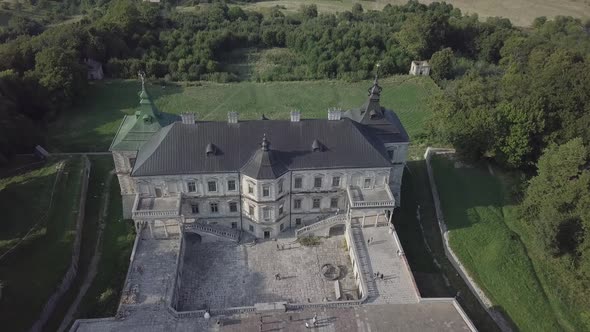Aerial To Old Romantic Palace Castle Pidhirci in Ukraine