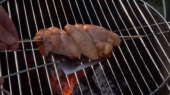 Hand Is Placing Wooden Skewer with Delicious Chicken Wings on the Grill Grid alt