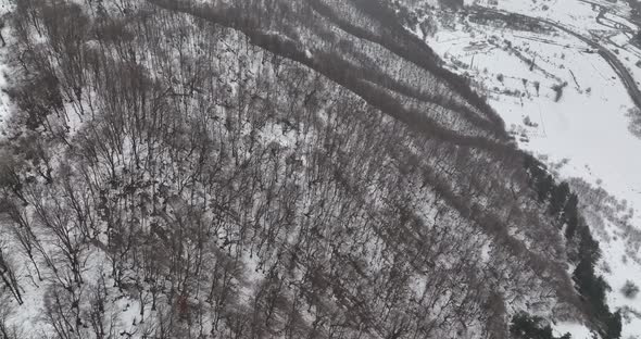 Aerial view of beautiful snowy mountains in Pasanauri, Georgia alt