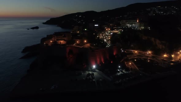 Aerial Night View of the Old City of Ulcinj