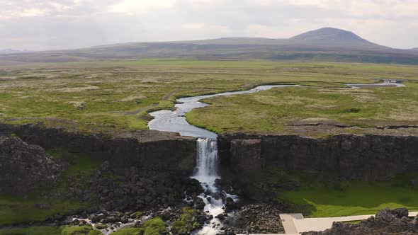 Flying Over the Oxarafoss Waterfall in Iceland alt