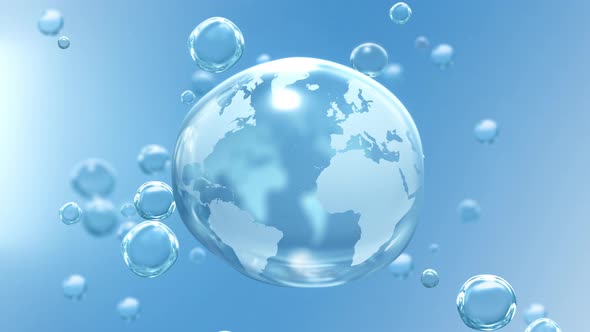 White Crystal World Water Day Globe Bubble on Blue Drop Background Loop