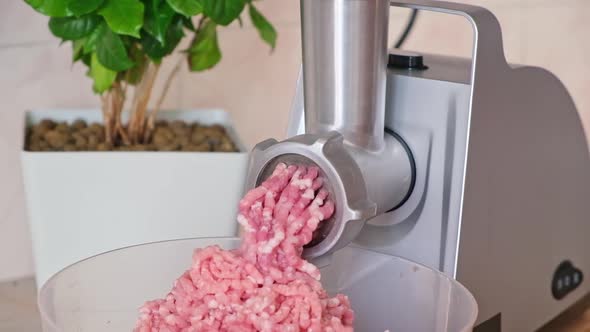 Meat in an Electric Meat Grinder