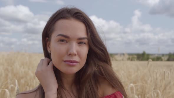 Portrait Charming Young Woman Enjoying Nature and Sunlight in Wheat Field at Incredible Colorful Sun alt