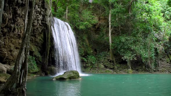 Erawan waterfall level three in National Park, Kanchanaburi, Thailand - Slow motion