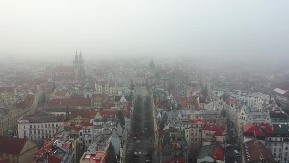 Prague, Czech Republic. Aerial View of Spooky Cityscape Under Dense Morning Fog During Covid-19 Viru alt