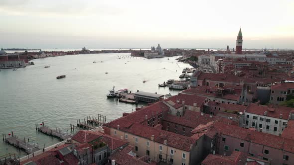 Aerial View of Venice Italy with Grand Canal Rooftops of Buildings and Boats alt