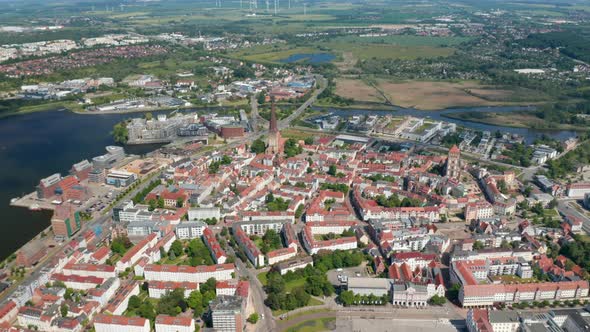 Aerial Panoramic View of Historic Town Centre Surrounded with Warnow River alt