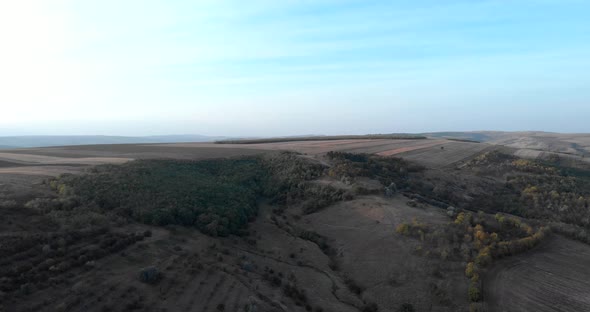 Green Forest At The Hill And The Vast Farmland Under Clear Blue Sky