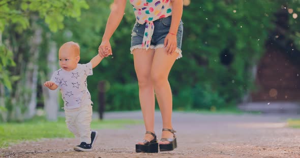 Little Boy Walks with His Mother By the Hand in the Park alt