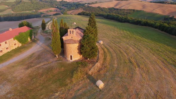 Aerial Orbit Over The Famous Tuscanian Chapel Vitaleta