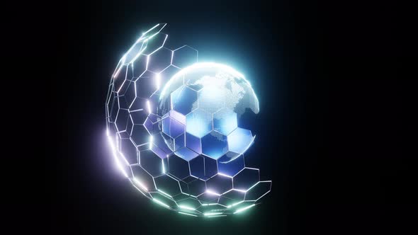 4K Digital planet. Blue glowing hexagonal mesh