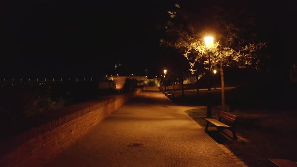 Empty park road on the walls of Vysehrad castle at night,Prague,Czechia,lockdown. alt