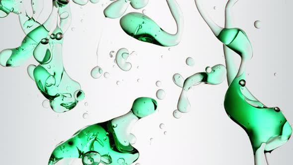 Transparent Cosmetic Green Blue Oil Bubbles and Shapes on White Background