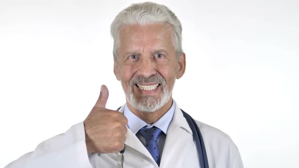 Thumbs Up By Senior Doctor Isolated on White Background alt