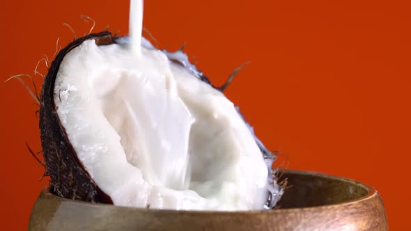 Coconut milk pouring, dripping coconut water, drops of coconuts oil over red background. Cracked alt