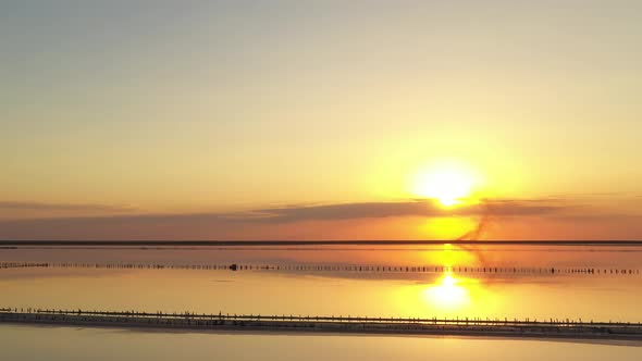 aerial view of the estuary at sunset in orange. tourist place in Ukraine in the south. 4k.