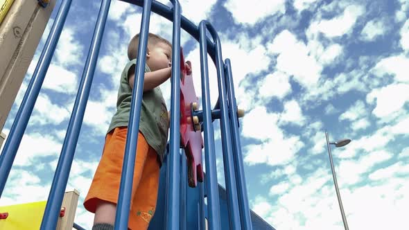 Little Child Pretending Being Captain Playing Imagination Playground Sky Clouds alt