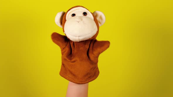 Soft Puppet Toy on Hand on Yellow Background alt