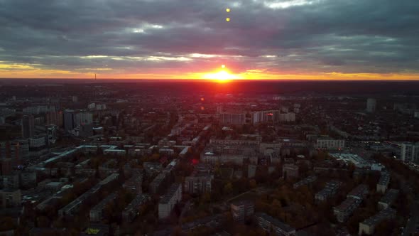 Aerial view at sunset, Kharkiv city center streets