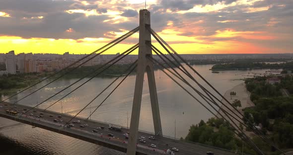 Evening Aerial Drone View of Kiev Road Bridge Over Dnieper River Ukraine