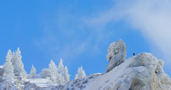 A chamois is standing at the top of a frozen mountain with clouds passing behind him alt