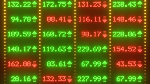 Red and Green Stock Market Tickers Finance Screen Data Numbers Moving - 4K alt