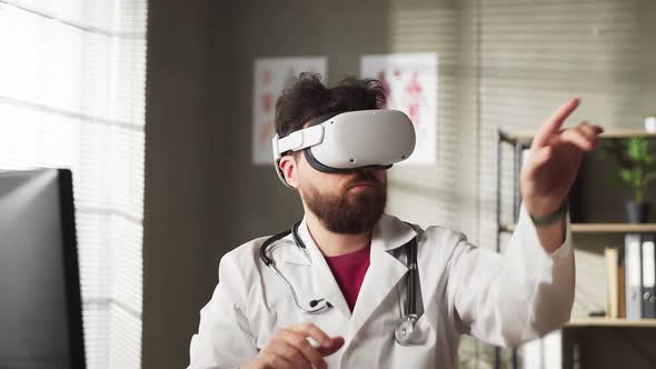Male Doctor Conducting Experimental Medical Procedure Wearing Virtual Reality Headset in Futuristic alt