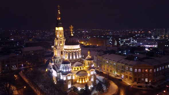 Holy Annunciation Cathedral, night Kharkiv aerial