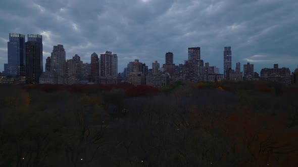 Forwards Fly Above Autumn Colour Trees in Central Park at Dusk alt