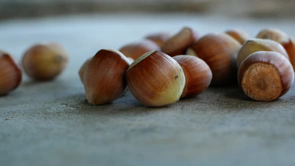Organic hazelnut falling on gray background. Close-up of a beautiful walnut.