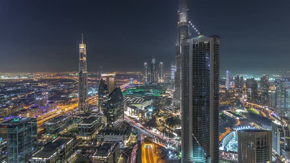 Dubai Downtown Night Timelapse Modern Towers Panoramic View From the Top in Dubai United Arab alt