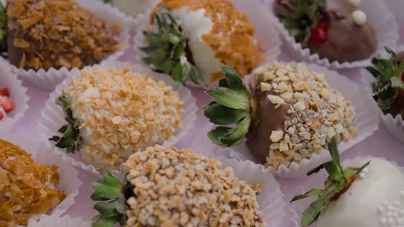Macro Set of Many Chocolate Covered Strawberries on Rotating Surface  Close Up