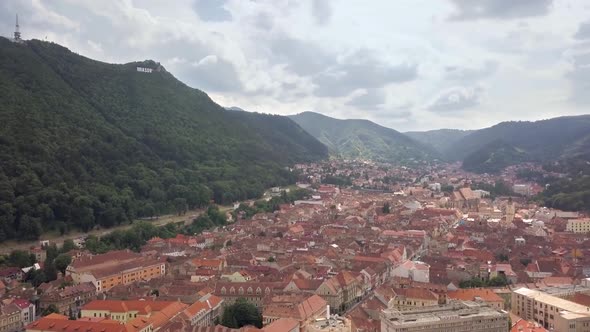 Aerial view of Brasov city, medieval town situated in Transylvania, Romania, Old architecture alt