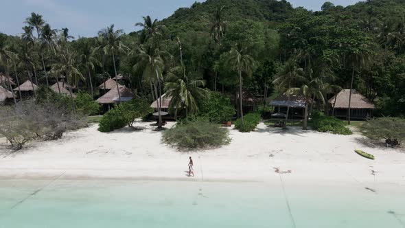 An Aerial View of a Beautiful Loving Couple Walks on the Seashore alt