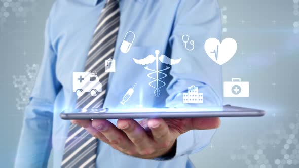 Businessman touching virtual digital interface icon on digital tablet alt