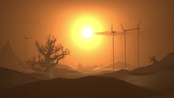 Landscape at dawn with windmills, electric wind generation