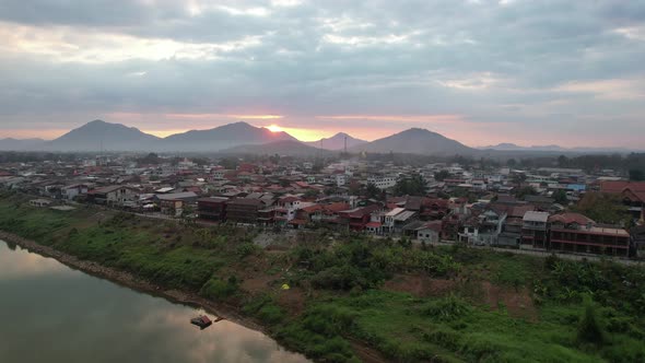 Aerial view of rural city by the Mekong river by drone