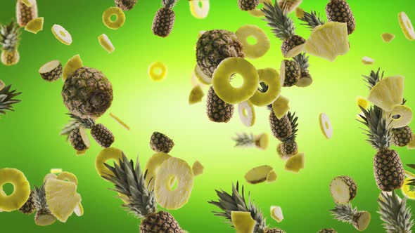 Pineapples with Slices Falling on Green Background alt