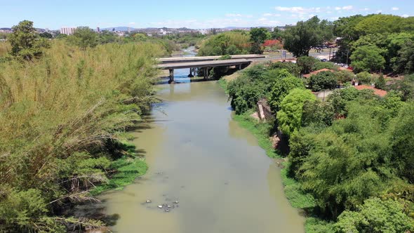 Brazil sewage water treatment system. Water depollution station aerial view. alt