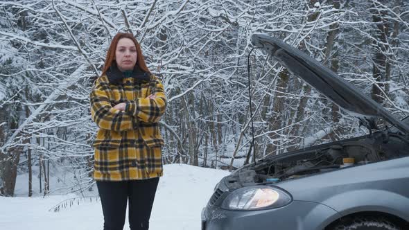 Young Stressed Woman Having Trouble with His Broken Car