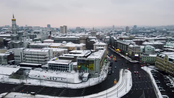 Winter aerial city center view river Lopan Kharkiv