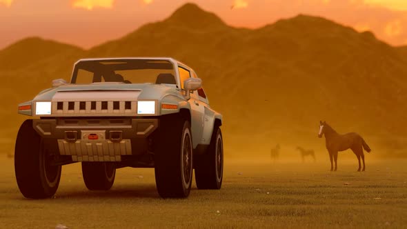 Horses and High Desert Truck Type Vehicle in Mountainous Area with Sunset View